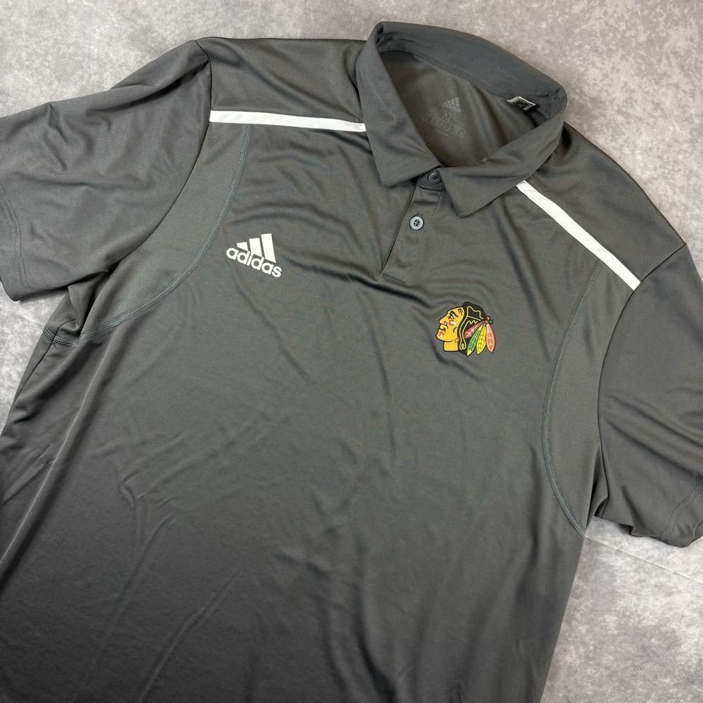 Chicago Blackhawks Polo Shirt Mens XL Grey‎ White Stripe Stretch Performance NHL